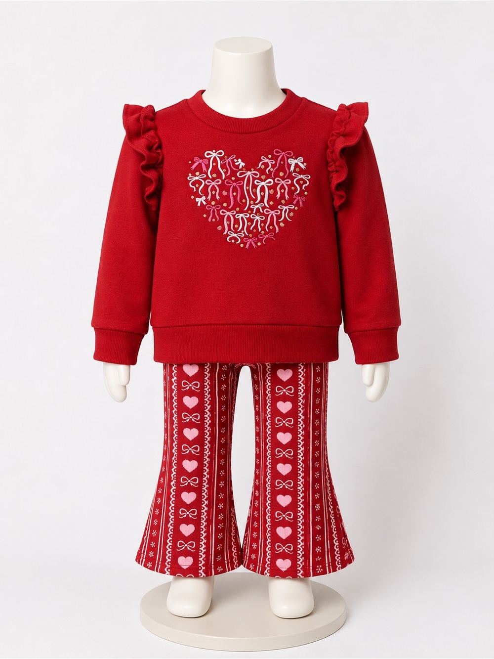 btween Red Girls Heart Bow Ruffle Sweater & Patterned Bell-Bottom Set